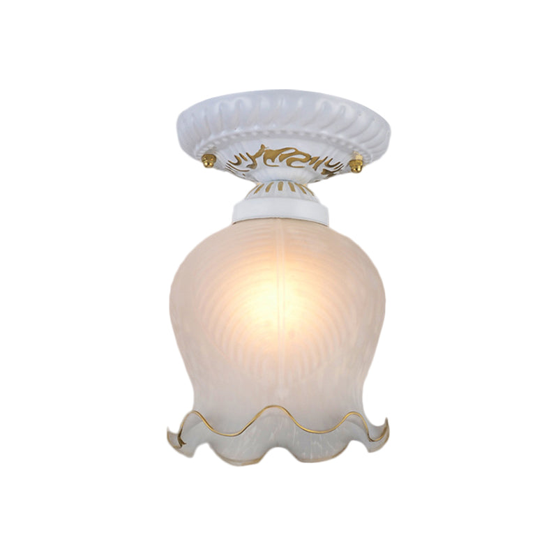 Countryside Scalloped Ceiling Flush 1 Bulb Ribbed Opal Glass Flush Light Fixture in White Clearhalo 'Ceiling Lights' 'Close To Ceiling Lights' 'Close to ceiling' 'Flush mount' Lighting' 1598306