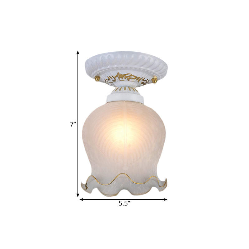 Countryside Scalloped Ceiling Flush 1 Bulb Ribbed Opal Glass Flush Light Fixture in White Clearhalo 'Ceiling Lights' 'Close To Ceiling Lights' 'Close to ceiling' 'Flush mount' Lighting' 1598307