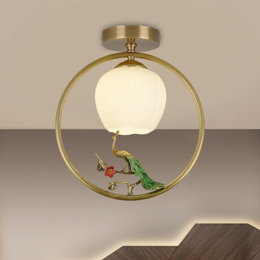 Opal Glass Brass Ceiling Lamp Inverted Bud 1 Bulb Rural Style Ring Flush Mount Light with Peacock Decor Brass A Clearhalo 'Ceiling Lights' 'Close To Ceiling Lights' 'Close to ceiling' 'Flush mount' Lighting' 1598308