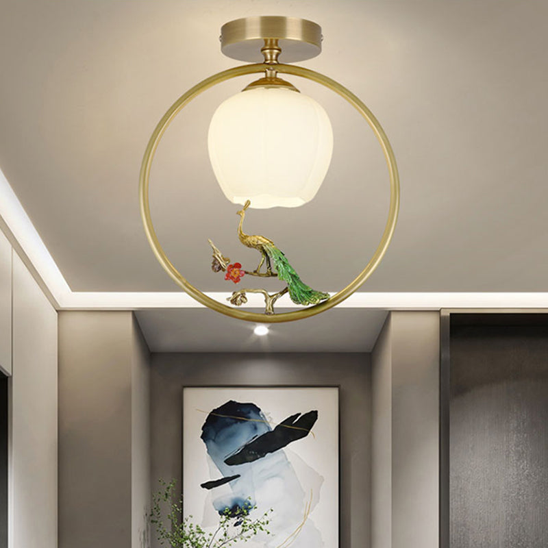 Opal Glass Brass Ceiling Lamp Inverted Bud 1 Bulb Rural Style Ring Flush Mount Light with Peacock Decor Clearhalo 'Ceiling Lights' 'Close To Ceiling Lights' 'Close to ceiling' 'Flush mount' Lighting' 1598309