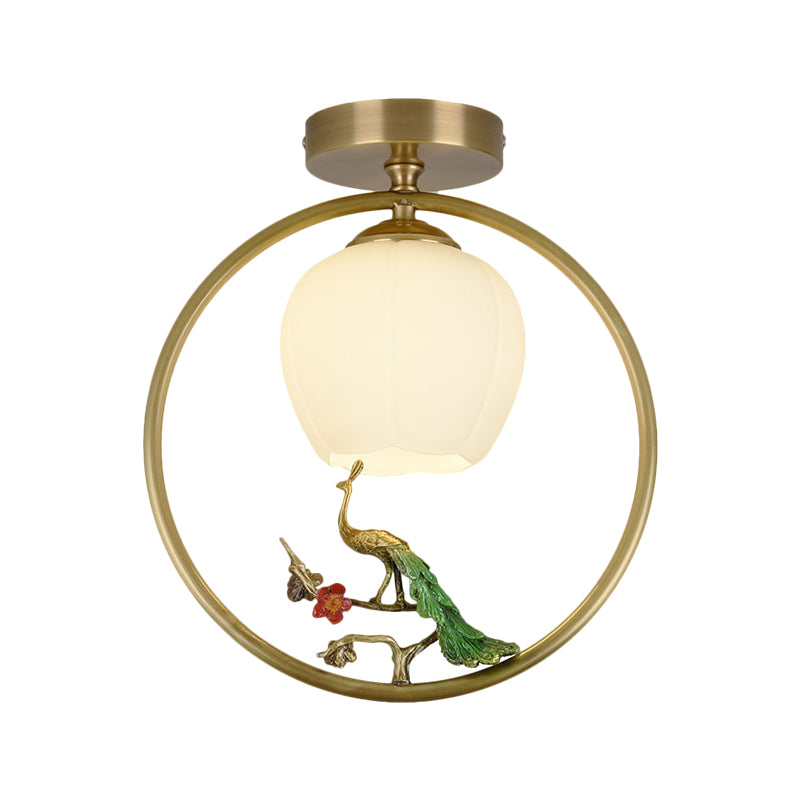 Opal Glass Brass Ceiling Lamp Inverted Bud 1 Bulb Rural Style Ring Flush Mount Light with Peacock Decor Clearhalo 'Ceiling Lights' 'Close To Ceiling Lights' 'Close to ceiling' 'Flush mount' Lighting' 1598310