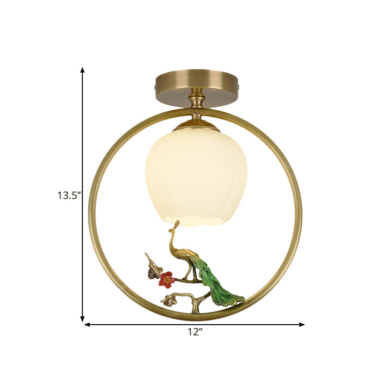 Opal Glass Brass Ceiling Lamp Inverted Bud 1 Bulb Rural Style Ring Flush Mount Light with Peacock Decor Clearhalo 'Ceiling Lights' 'Close To Ceiling Lights' 'Close to ceiling' 'Flush mount' Lighting' 1598311