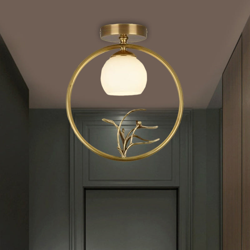 Opal Glass Brass Ceiling Lamp Inverted Bud 1 Bulb Rural Style Ring Flush Mount Light with Peacock Decor Clearhalo 'Ceiling Lights' 'Close To Ceiling Lights' 'Close to ceiling' 'Flush mount' Lighting' 1598313