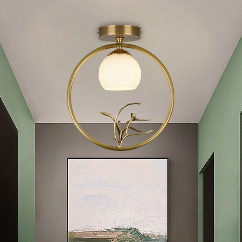 Opal Glass Brass Ceiling Lamp Inverted Bud 1 Bulb Rural Style Ring Flush Mount Light with Peacock Decor Clearhalo 'Ceiling Lights' 'Close To Ceiling Lights' 'Close to ceiling' 'Flush mount' Lighting' 1598314