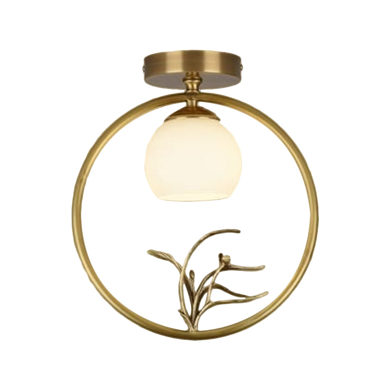 Opal Glass Brass Ceiling Lamp Inverted Bud 1 Bulb Rural Style Ring Flush Mount Light with Peacock Decor Clearhalo 'Ceiling Lights' 'Close To Ceiling Lights' 'Close to ceiling' 'Flush mount' Lighting' 1598315