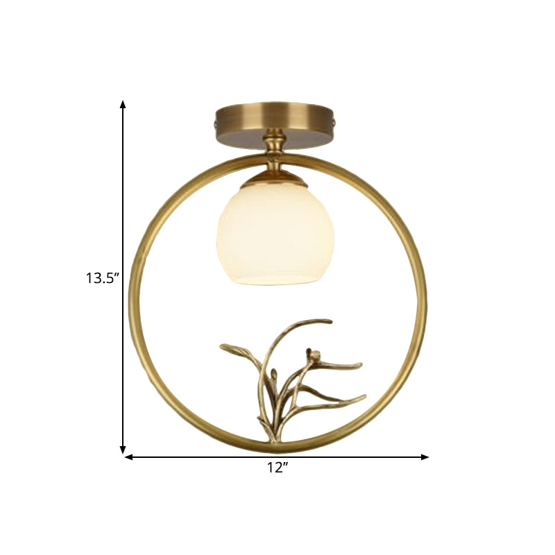 Opal Glass Brass Ceiling Lamp Inverted Bud 1 Bulb Rural Style Ring Flush Mount Light with Peacock Decor Clearhalo 'Ceiling Lights' 'Close To Ceiling Lights' 'Close to ceiling' 'Flush mount' Lighting' 1598316