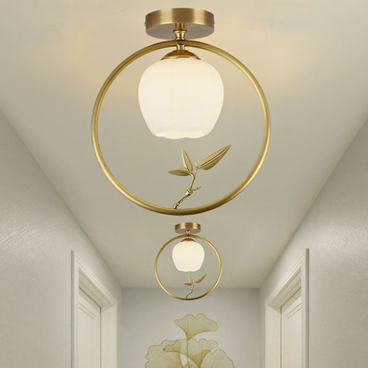 Opal Glass Brass Ceiling Lamp Inverted Bud 1 Bulb Rural Style Ring Flush Mount Light with Peacock Decor Brass C Clearhalo 'Ceiling Lights' 'Close To Ceiling Lights' 'Close to ceiling' 'Flush mount' Lighting' 1598317