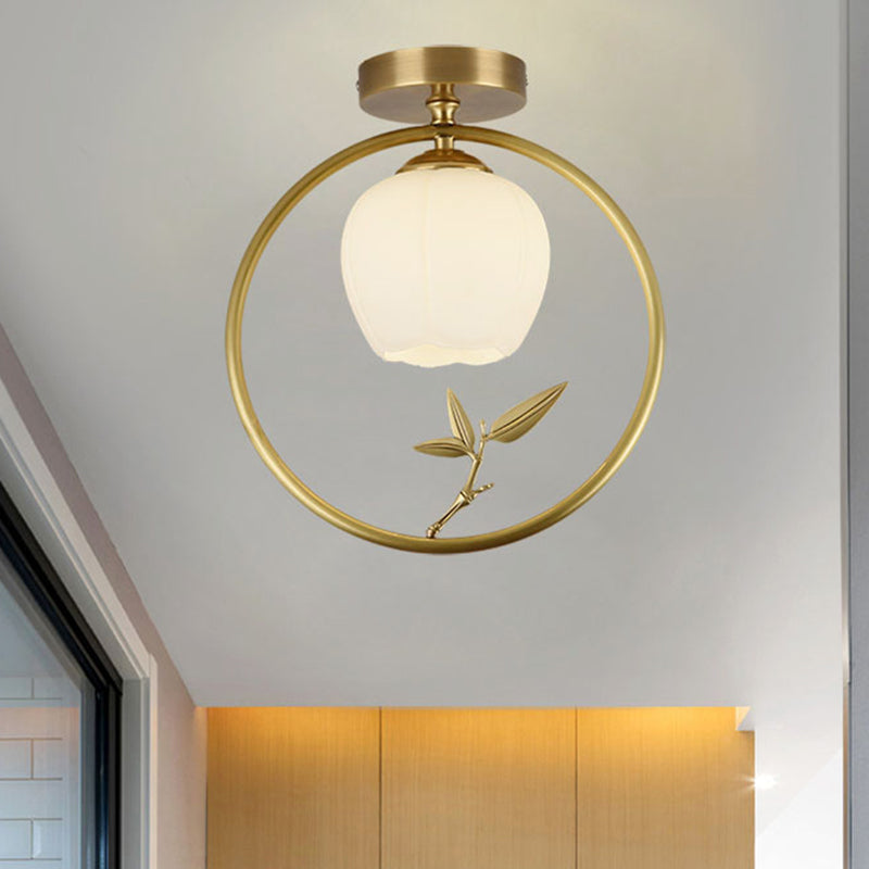 Opal Glass Brass Ceiling Lamp Inverted Bud 1 Bulb Rural Style Ring Flush Mount Light with Peacock Decor Clearhalo 'Ceiling Lights' 'Close To Ceiling Lights' 'Close to ceiling' 'Flush mount' Lighting' 1598318