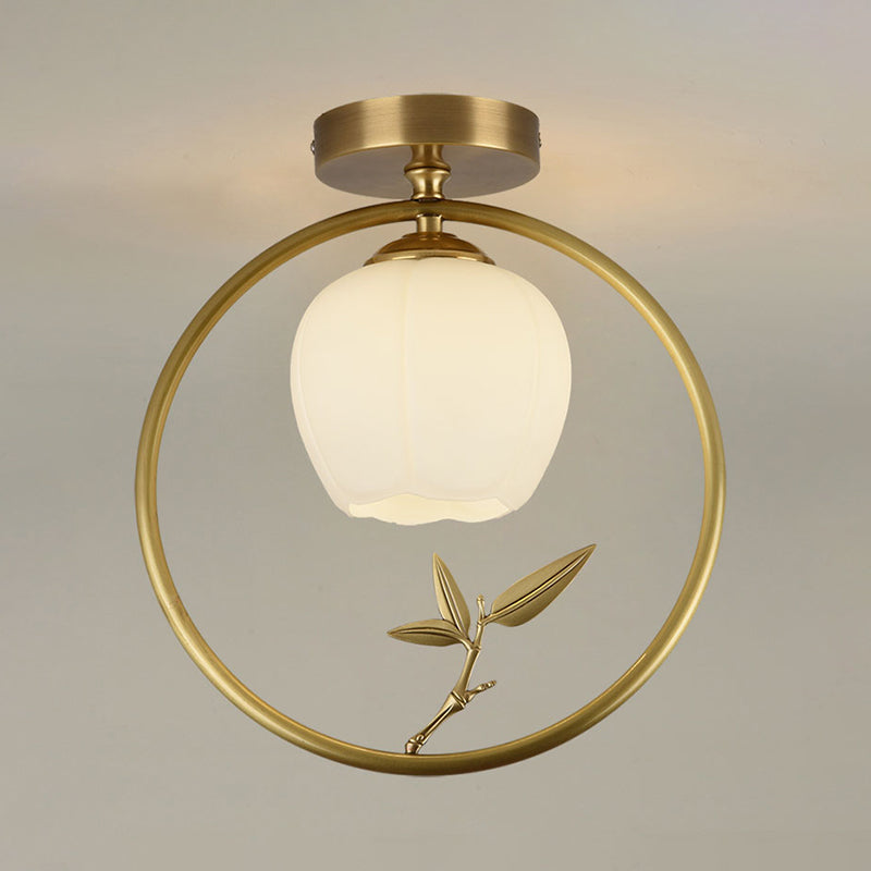 Opal Glass Brass Ceiling Lamp Inverted Bud 1 Bulb Rural Style Ring Flush Mount Light with Peacock Decor Clearhalo 'Ceiling Lights' 'Close To Ceiling Lights' 'Close to ceiling' 'Flush mount' Lighting' 1598319