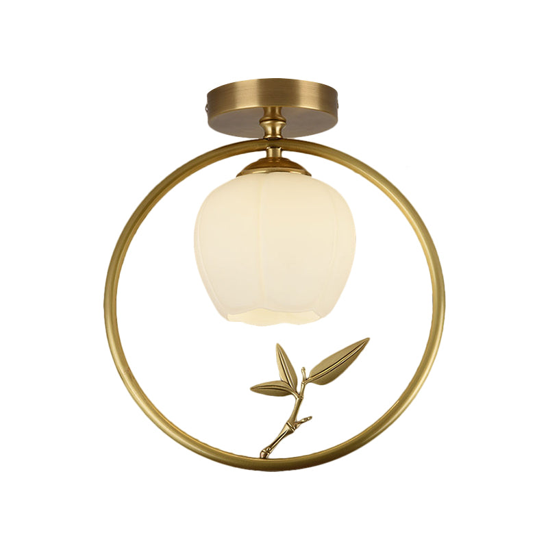 Opal Glass Brass Ceiling Lamp Inverted Bud 1 Bulb Rural Style Ring Flush Mount Light with Peacock Decor Clearhalo 'Ceiling Lights' 'Close To Ceiling Lights' 'Close to ceiling' 'Flush mount' Lighting' 1598320