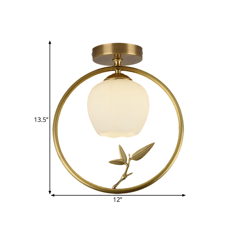 Opal Glass Brass Ceiling Lamp Inverted Bud 1 Bulb Rural Style Ring Flush Mount Light with Peacock Decor Clearhalo 'Ceiling Lights' 'Close To Ceiling Lights' 'Close to ceiling' 'Flush mount' Lighting' 1598321