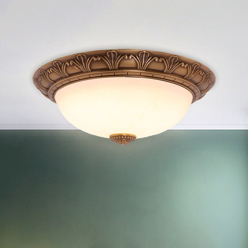 Cream Glass Domed Flush Mount Countryside 4/3/2 Bulbs Brass Ceiling Fixture for Corridor, 12.5"/16"/21.5" W Brass Clearhalo 'Ceiling Lights' 'Close To Ceiling Lights' 'Close to ceiling' 'Flush mount' Lighting' 1598322