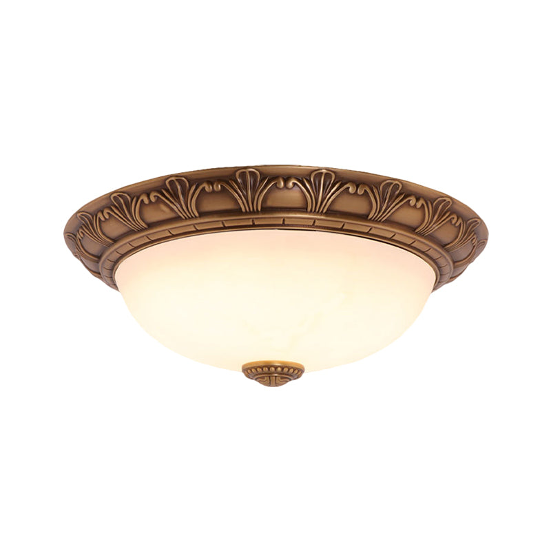 Cream Glass Domed Flush Mount Countryside 4/3/2 Bulbs Brass Ceiling Fixture for Corridor, 12.5"/16"/21.5" W Clearhalo 'Ceiling Lights' 'Close To Ceiling Lights' 'Close to ceiling' 'Flush mount' Lighting' 1598324