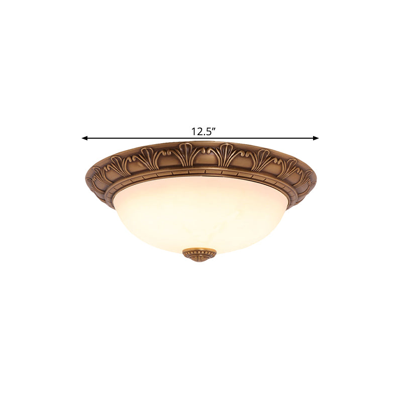 Cream Glass Domed Flush Mount Countryside 4/3/2 Bulbs Brass Ceiling Fixture for Corridor, 12.5"/16"/21.5" W Clearhalo 'Ceiling Lights' 'Close To Ceiling Lights' 'Close to ceiling' 'Flush mount' Lighting' 1598325