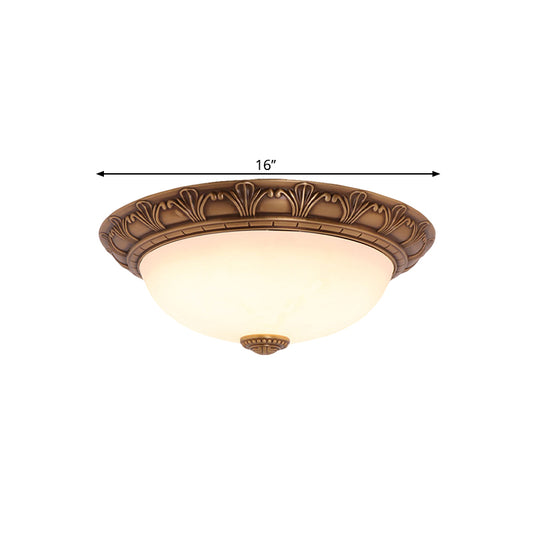 Cream Glass Domed Flush Mount Countryside 4/3/2 Bulbs Brass Ceiling Fixture for Corridor, 12.5"/16"/21.5" W Clearhalo 'Ceiling Lights' 'Close To Ceiling Lights' 'Close to ceiling' 'Flush mount' Lighting' 1598326