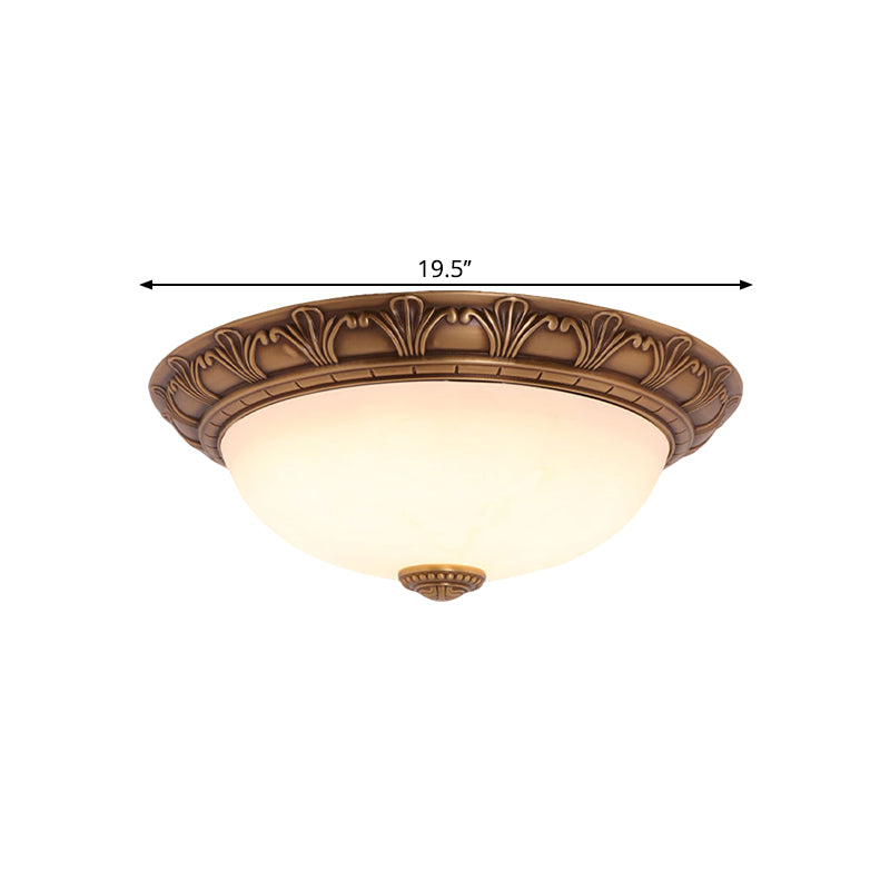 Cream Glass Domed Flush Mount Countryside 4/3/2 Bulbs Brass Ceiling Fixture for Corridor, 12.5"/16"/21.5" W Clearhalo 'Ceiling Lights' 'Close To Ceiling Lights' 'Close to ceiling' 'Flush mount' Lighting' 1598327