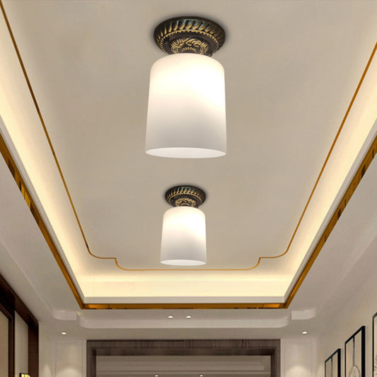 Cylinder Corridor Ceiling Flush Farmhouse Milky Glass 1-Bulb Bronze Flush Mount Lighting Brown Clearhalo 'Ceiling Lights' 'Close To Ceiling Lights' 'Close to ceiling' 'Flush mount' Lighting' 1598341