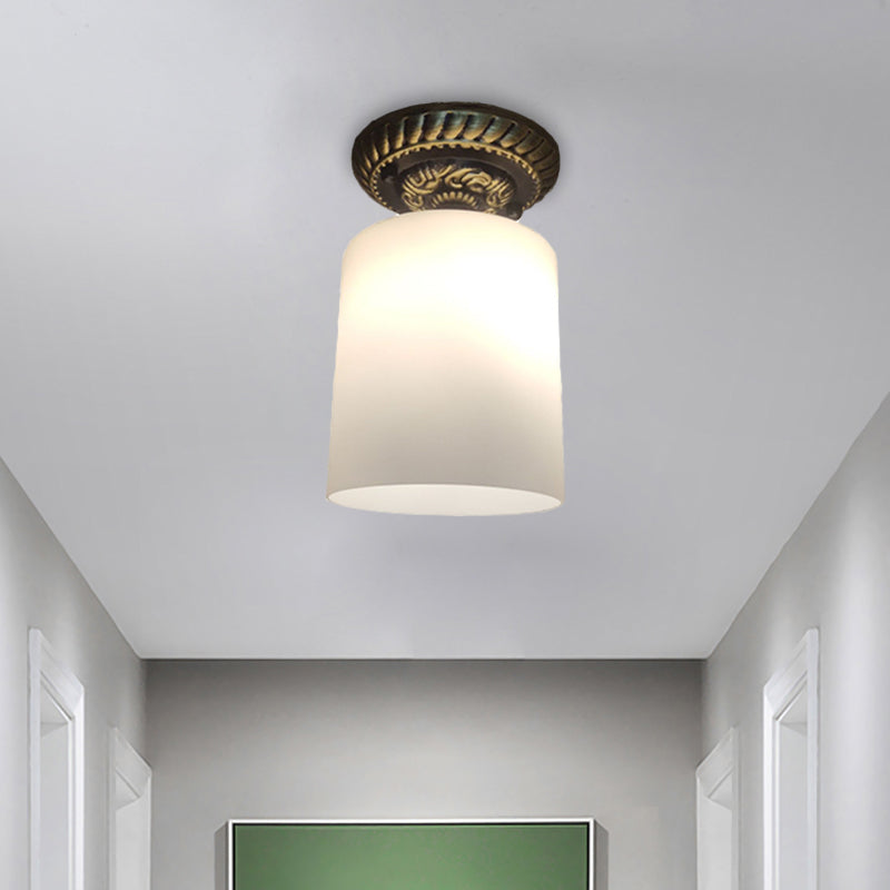 Cylinder Corridor Ceiling Flush Farmhouse Milky Glass 1-Bulb Bronze Flush Mount Lighting Clearhalo 'Ceiling Lights' 'Close To Ceiling Lights' 'Close to ceiling' 'Flush mount' Lighting' 1598342