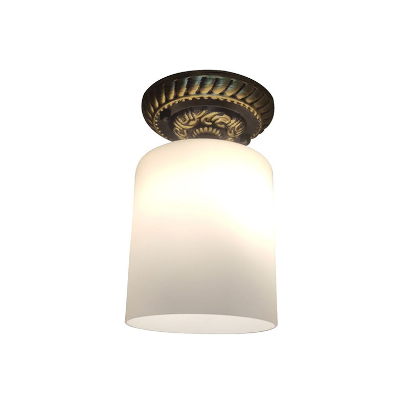 Cylinder Corridor Ceiling Flush Farmhouse Milky Glass 1-Bulb Bronze Flush Mount Lighting Clearhalo 'Ceiling Lights' 'Close To Ceiling Lights' 'Close to ceiling' 'Flush mount' Lighting' 1598343