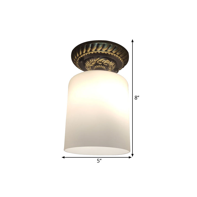 Cylinder Corridor Ceiling Flush Farmhouse Milky Glass 1-Bulb Bronze Flush Mount Lighting Clearhalo 'Ceiling Lights' 'Close To Ceiling Lights' 'Close to ceiling' 'Flush mount' Lighting' 1598344