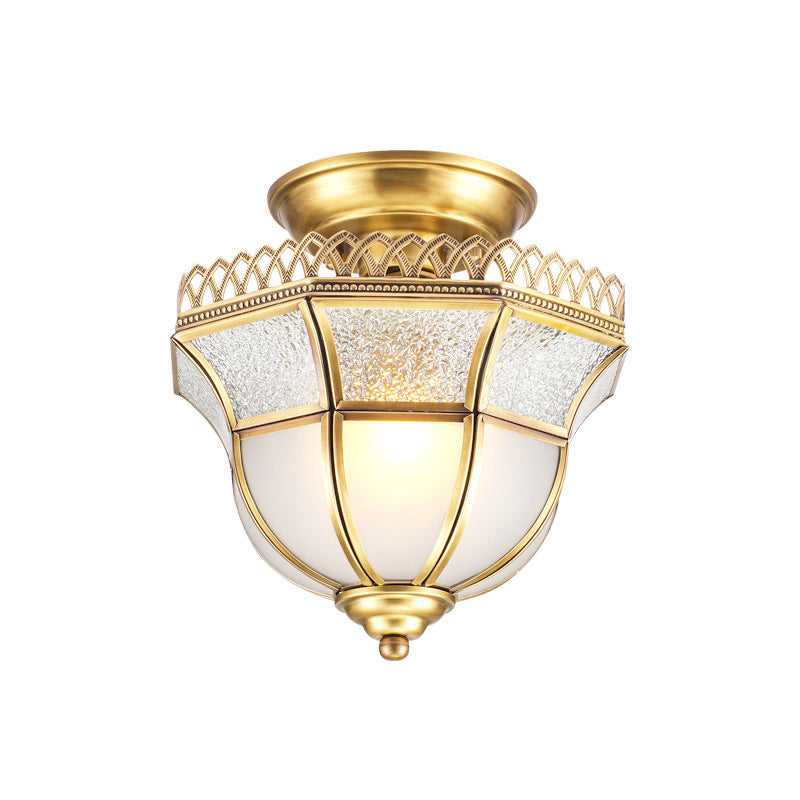 Brass Single Head Ceiling Lamp Cottage Crackle and Milky Glass Inverted Bell Semi Mount Lighting Clearhalo 'Ceiling Lights' 'Close To Ceiling Lights' 'Close to ceiling' 'Glass shade' 'Glass' 'Semi-flushmount' Lighting' 1598374