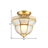 Brass Single Head Ceiling Lamp Cottage Crackle and Milky Glass Inverted Bell Semi Mount Lighting Clearhalo 'Ceiling Lights' 'Close To Ceiling Lights' 'Close to ceiling' 'Glass shade' 'Glass' 'Semi-flushmount' Lighting' 1598375