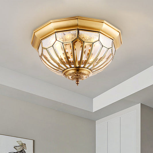 Faceted Dome Living Room Ceiling Flush Vintage Clear Glass 4-Bulb Brass Flush Light Fixture Brass Clearhalo 'Ceiling Lights' 'Close To Ceiling Lights' 'Close to ceiling' 'Flush mount' Lighting' 1598386