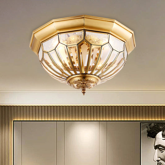 Faceted Dome Living Room Ceiling Flush Vintage Clear Glass 4-Bulb Brass Flush Light Fixture Clearhalo 'Ceiling Lights' 'Close To Ceiling Lights' 'Close to ceiling' 'Flush mount' Lighting' 1598387