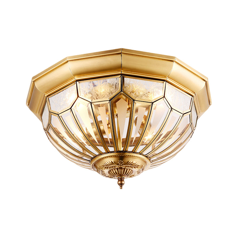 Faceted Dome Living Room Ceiling Flush Vintage Clear Glass 4-Bulb Brass Flush Light Fixture Clearhalo 'Ceiling Lights' 'Close To Ceiling Lights' 'Close to ceiling' 'Flush mount' Lighting' 1598388