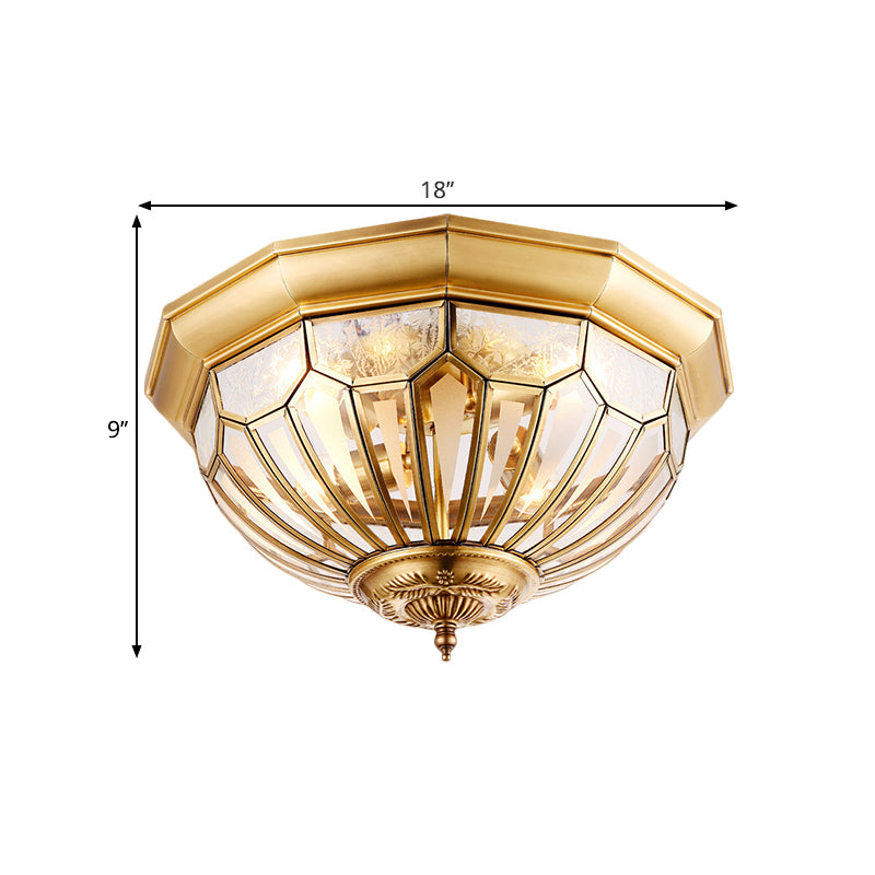 Faceted Dome Living Room Ceiling Flush Vintage Clear Glass 4-Bulb Brass Flush Light Fixture Clearhalo 'Ceiling Lights' 'Close To Ceiling Lights' 'Close to ceiling' 'Flush mount' Lighting' 1598389