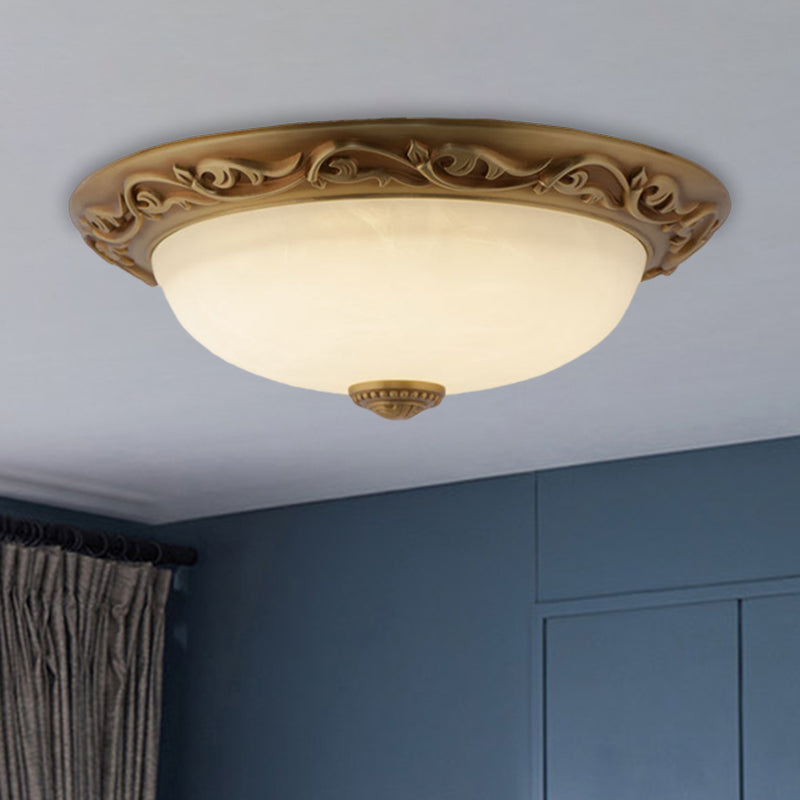 Farmhouse Dome Shape Ceiling Lamp 12"/16"/21.5" Wide 4/3/2 Lights Opaline Glass Flush Mount Lighting in Brass Brass Clearhalo 'Ceiling Lights' 'Close To Ceiling Lights' 'Close to ceiling' 'Flush mount' Lighting' 1598390