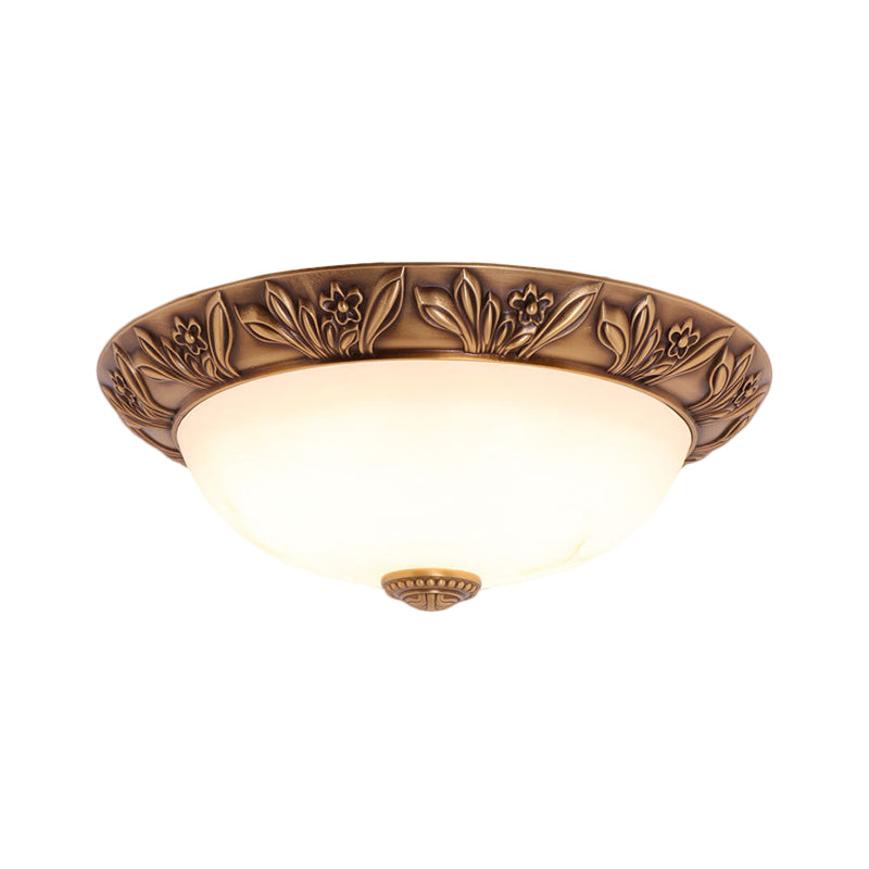 4/3/2 Heads Bowl Flush Light Antiqued Brass White Glass Ceiling Mounted Fixture,12"/16"/21.5" Width Clearhalo 'Ceiling Lights' 'Close To Ceiling Lights' 'Close to ceiling' 'Flush mount' Lighting' 1598398