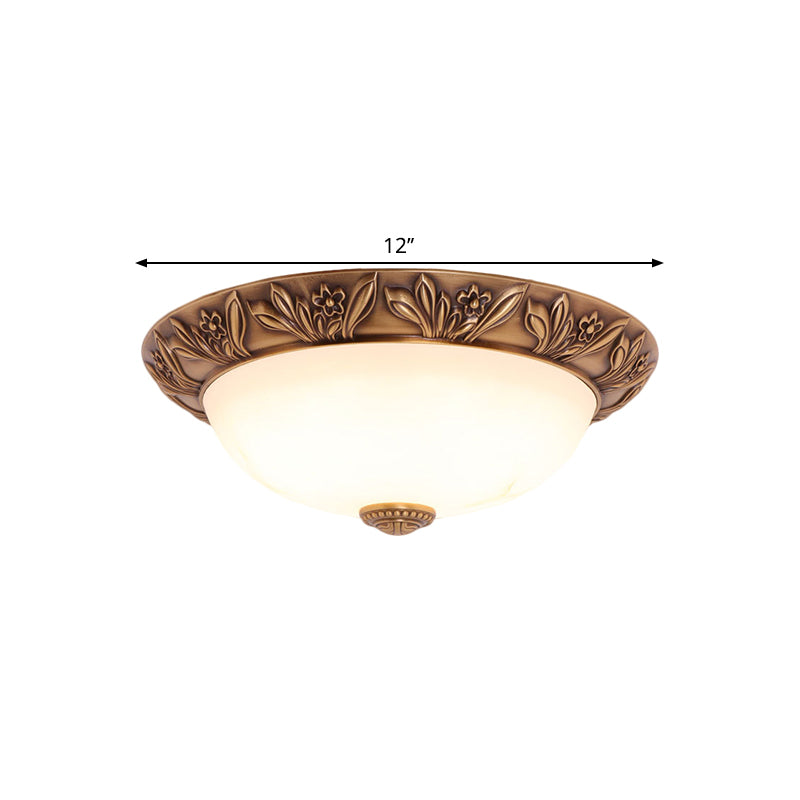 4/3/2 Heads Bowl Flush Light Antiqued Brass White Glass Ceiling Mounted Fixture,12"/16"/21.5" Width Clearhalo 'Ceiling Lights' 'Close To Ceiling Lights' 'Close to ceiling' 'Flush mount' Lighting' 1598399