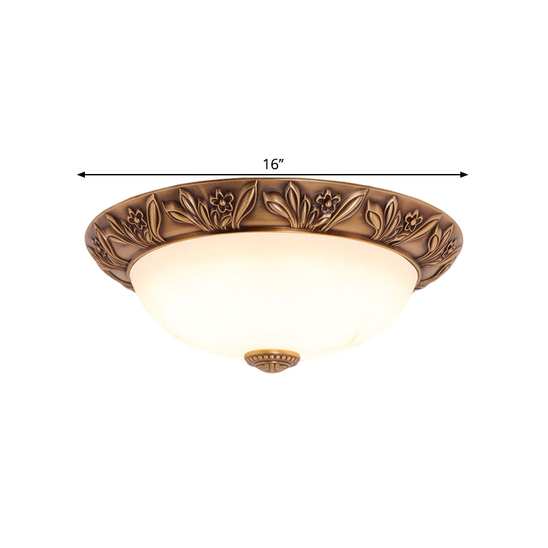 4/3/2 Heads Bowl Flush Light Antiqued Brass White Glass Ceiling Mounted Fixture,12"/16"/21.5" Width Clearhalo 'Ceiling Lights' 'Close To Ceiling Lights' 'Close to ceiling' 'Flush mount' Lighting' 1598400