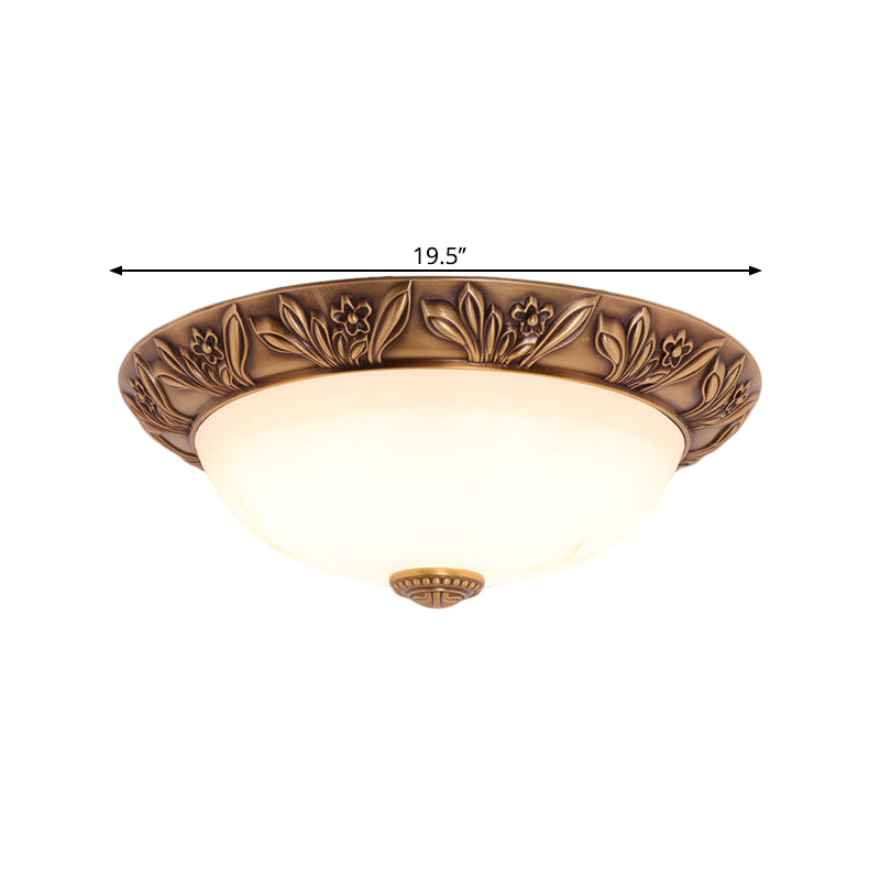 4/3/2 Heads Bowl Flush Light Antiqued Brass White Glass Ceiling Mounted Fixture,12"/16"/21.5" Width Clearhalo 'Ceiling Lights' 'Close To Ceiling Lights' 'Close to ceiling' 'Flush mount' Lighting' 1598401