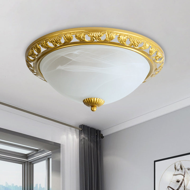 Dome Cream Glass Flush Light Fixture Vintage 2-Bulb Bedroom Ceiling Flush Mount in Brass/Bronze/Copper, 12.5"/15" Width Clearhalo 'Ceiling Lights' 'Close To Ceiling Lights' 'Close to ceiling' 'Flush mount' Lighting' 1598403