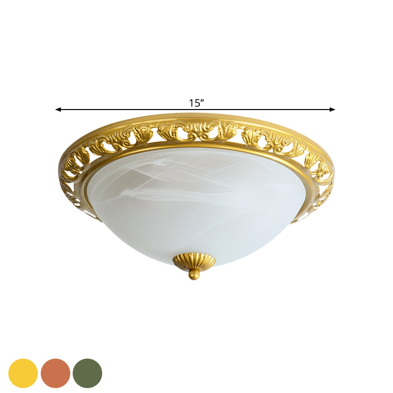 Dome Cream Glass Flush Light Fixture Vintage 2-Bulb Bedroom Ceiling Flush Mount in Brass/Bronze/Copper, 12.5"/15" Width Clearhalo 'Ceiling Lights' 'Close To Ceiling Lights' 'Close to ceiling' 'Flush mount' Lighting' 1598406