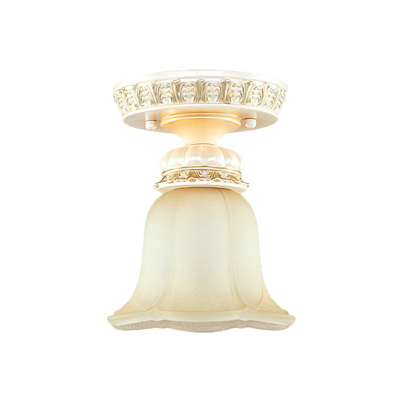 Bloom Shape Hallway Ceiling Lamp Cottage Fluted Cream Glass 1 Light Beige Flush Mount Light Fixture Clearhalo 'Ceiling Lights' 'Close To Ceiling Lights' 'Close to ceiling' 'Flush mount' Lighting' 1598420