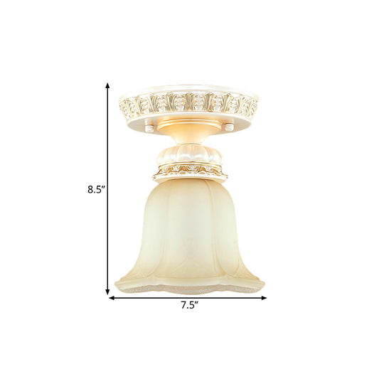 Bloom Shape Hallway Ceiling Lamp Cottage Fluted Cream Glass 1 Light Beige Flush Mount Light Fixture Clearhalo 'Ceiling Lights' 'Close To Ceiling Lights' 'Close to ceiling' 'Flush mount' Lighting' 1598422