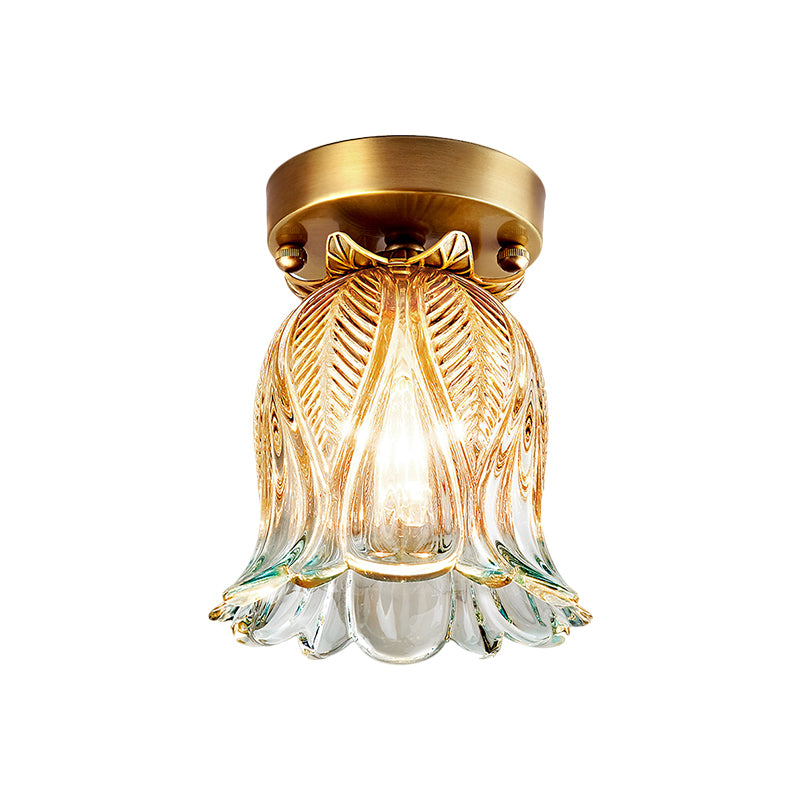 Single Light Flush Mount Lighting Farmhouse Flower Lattice Clear Glass Ceiling Lamp Fixture in Brass Clearhalo 'Ceiling Lights' 'Close To Ceiling Lights' 'Close to ceiling' 'Flush mount' Lighting' 1598425