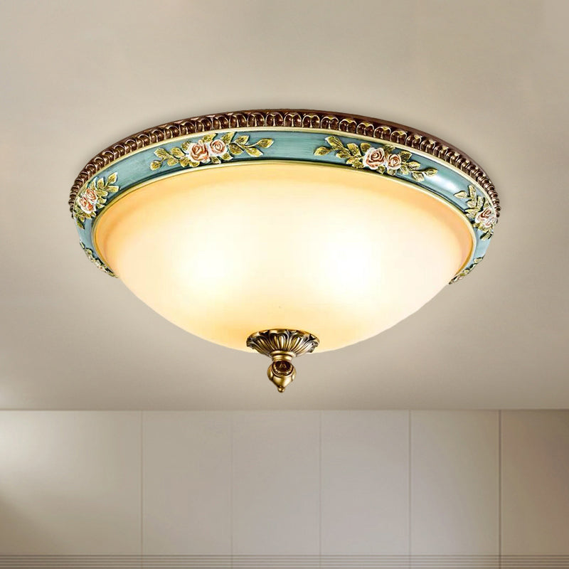 Dome-Like Sitting Room Ceiling Fixture Warehouse Opal Glass LED Blue Flush Mount Lamp with Carving Flower Decor in Warm/White/3 Color Light Blue Clearhalo 'Ceiling Lights' 'Close To Ceiling Lights' 'Close to ceiling' 'Flush mount' Lighting' 1598432