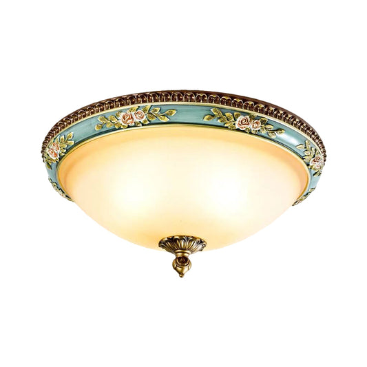 Dome-Like Sitting Room Ceiling Fixture Warehouse Opal Glass LED Blue Flush Mount Lamp with Carving Flower Decor in Warm/White/3 Color Light Clearhalo 'Ceiling Lights' 'Close To Ceiling Lights' 'Close to ceiling' 'Flush mount' Lighting' 1598434