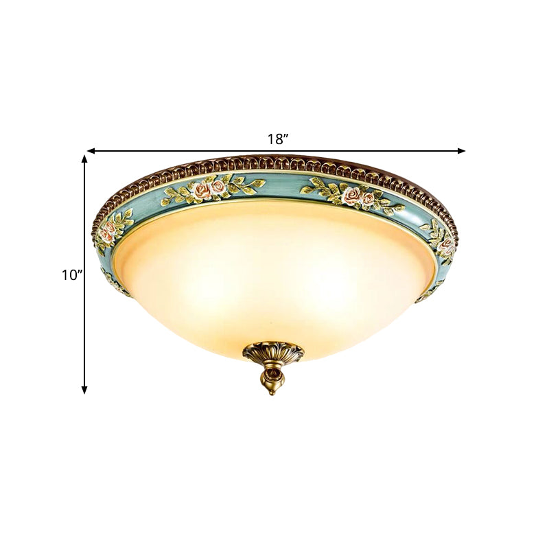 Dome-Like Sitting Room Ceiling Fixture Warehouse Opal Glass LED Blue Flush Mount Lamp with Carving Flower Decor in Warm/White/3 Color Light Clearhalo 'Ceiling Lights' 'Close To Ceiling Lights' 'Close to ceiling' 'Flush mount' Lighting' 1598435