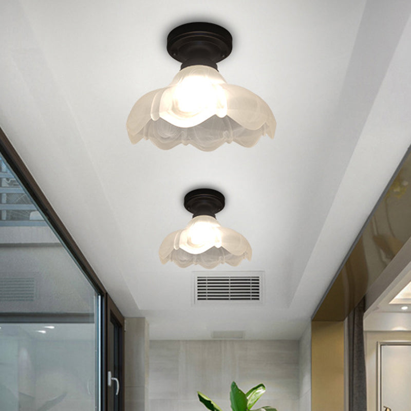 Single Head Flush Mount Countryside Flower White Ribbed Glass Ceiling Fixture in Black Black Clearhalo 'Ceiling Lights' 'Close To Ceiling Lights' 'Close to ceiling' 'Flush mount' Lighting' 1598462