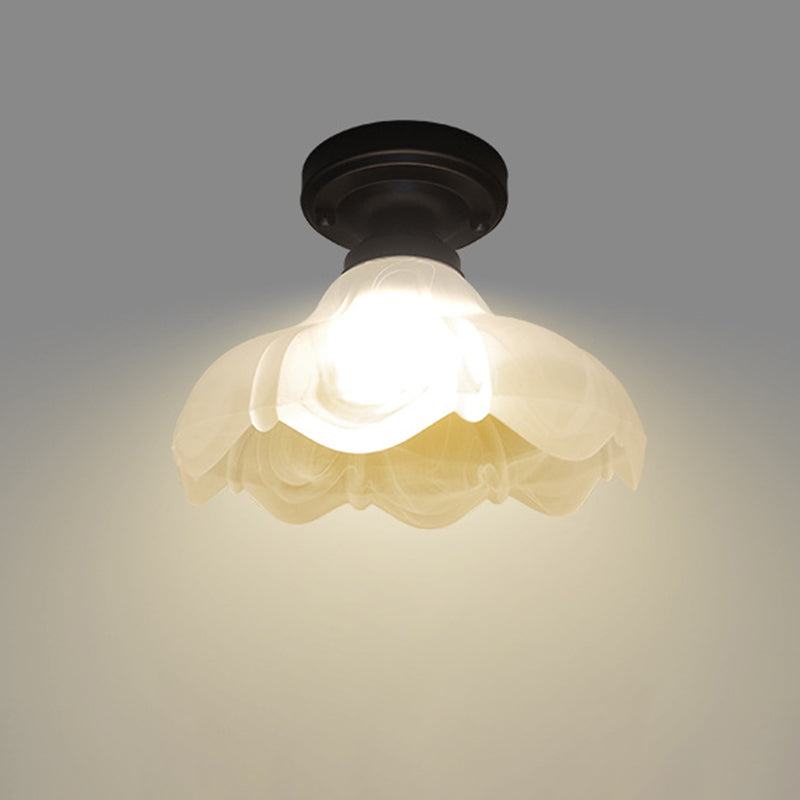 Single Head Flush Mount Countryside Flower White Ribbed Glass Ceiling Fixture in Black Clearhalo 'Ceiling Lights' 'Close To Ceiling Lights' 'Close to ceiling' 'Flush mount' Lighting' 1598464