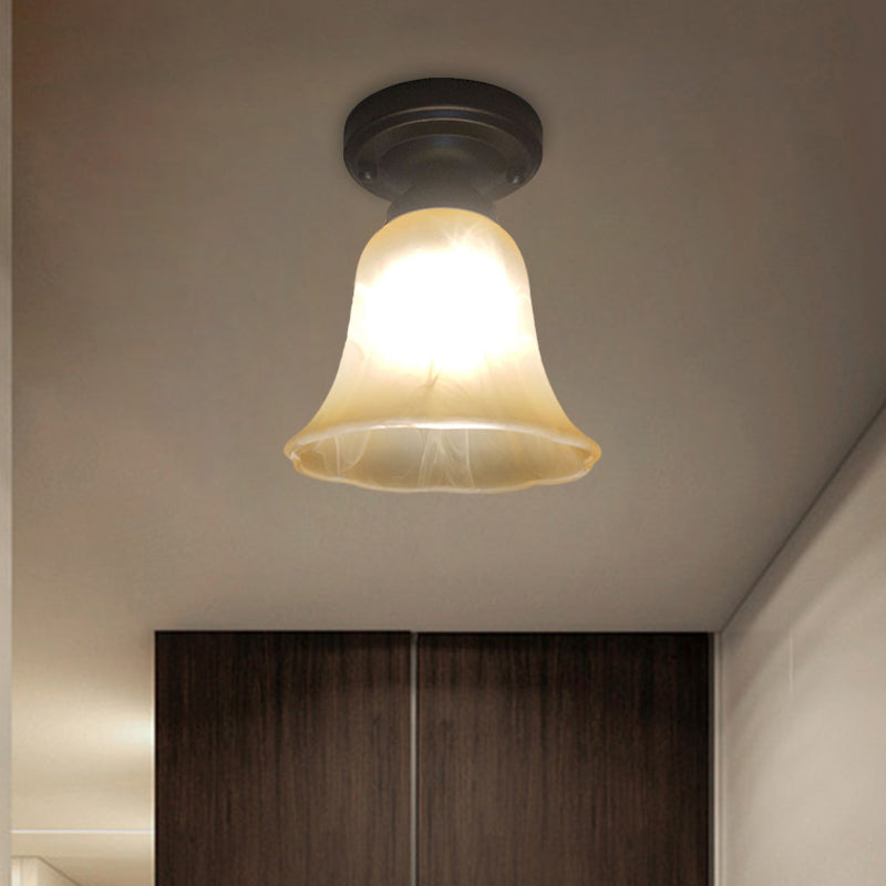 Black Single Bulb Ceiling Light Antiqued Milky Glass Bell Shape Flush Mount Lighting Fixture Clearhalo 'Ceiling Lights' 'Close To Ceiling Lights' 'Close to ceiling' 'Flush mount' Lighting' 1598467