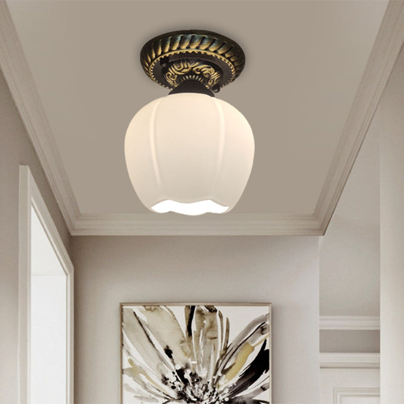 Country Blossom Ceiling Flush Single Bulb Milky Glass Flush Mount Lighting in Brown Clearhalo 'Ceiling Lights' 'Close To Ceiling Lights' 'Close to ceiling' 'Flush mount' Lighting' 1598471