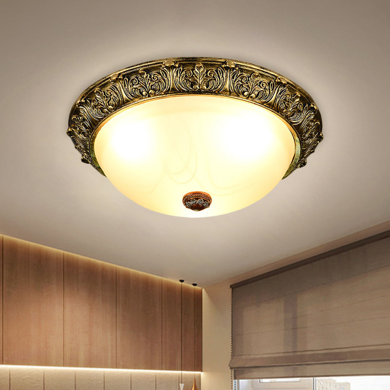 Rustic Style Dome Shape Ceiling Flush 11"/15"/19" W 2/3-Head Opaline Glass Flush Mount Lighting in White/Brass Brass Clearhalo 'Ceiling Lights' 'Close To Ceiling Lights' 'Close to ceiling' 'Flush mount' Lighting' 1598484