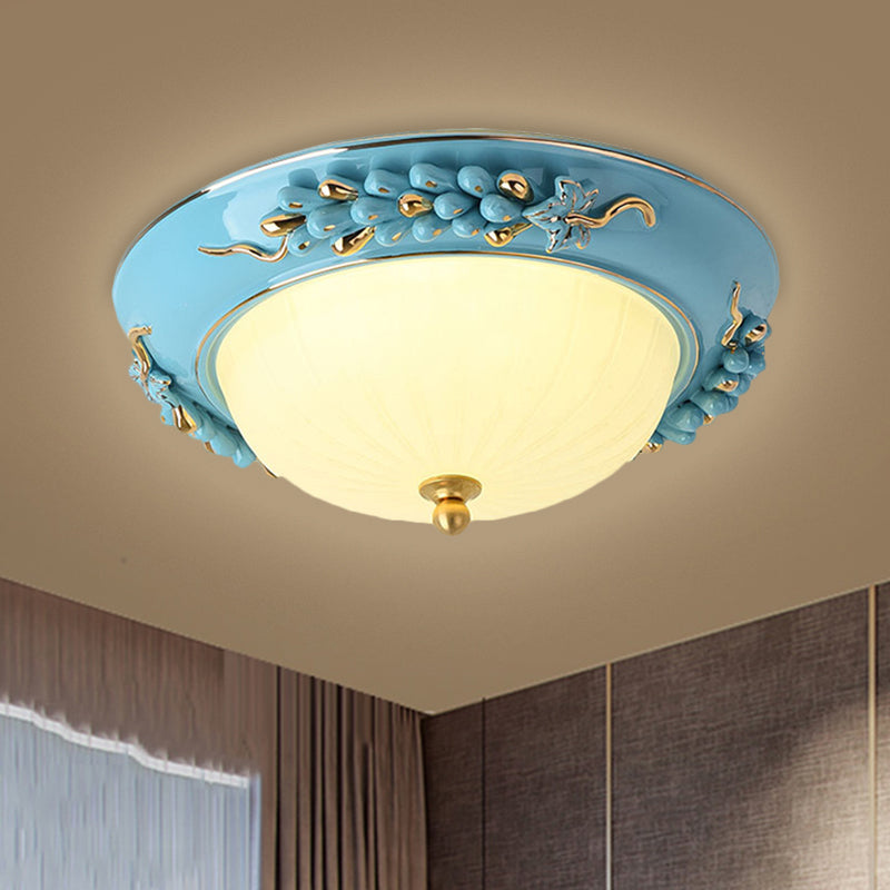 Blue 12"/14" W LED Ceiling Flush Antiqued Opal Glass Semicircle Flush Mount Lighting with Floral Design, Warm/White Light Blue 12" Clearhalo 'Ceiling Lights' 'Close To Ceiling Lights' 'Close to ceiling' 'Flush mount' Lighting' 1598496