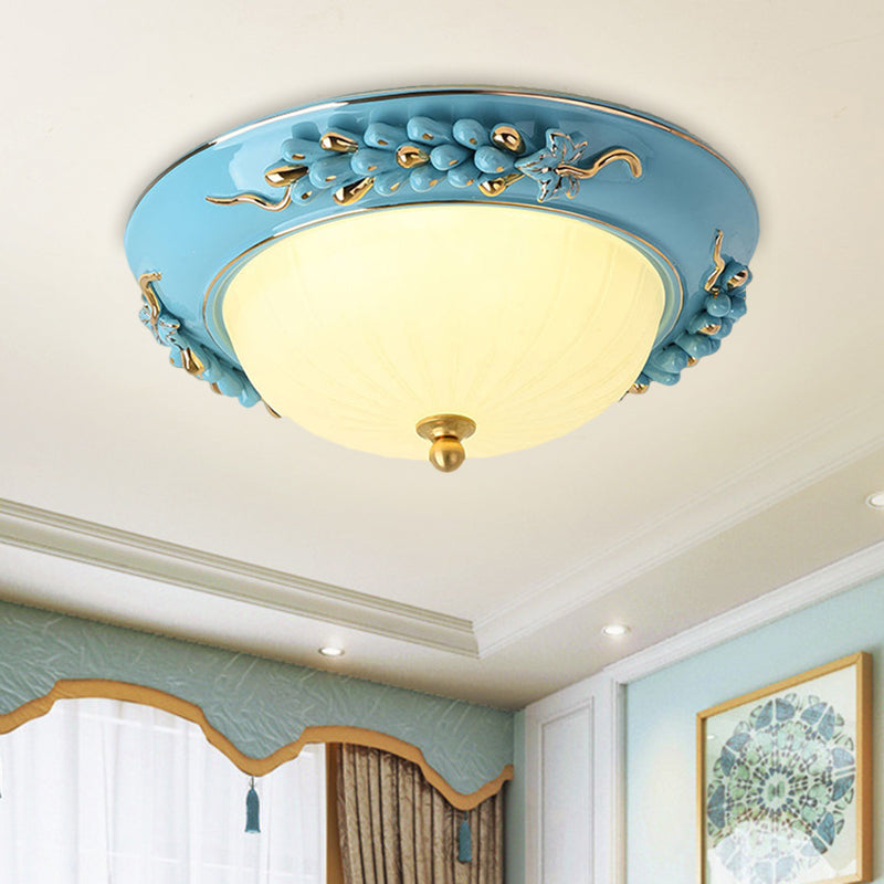 Blue 12"/14" W LED Ceiling Flush Antiqued Opal Glass Semicircle Flush Mount Lighting with Floral Design, Warm/White Light Clearhalo 'Ceiling Lights' 'Close To Ceiling Lights' 'Close to ceiling' 'Flush mount' Lighting' 1598497